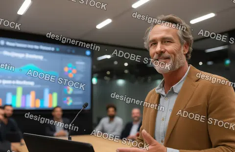 Mature Businessman Presenting Financial Data On Large Screen During Corporate Meeting In Modern Office Boardroom With Colleagues.