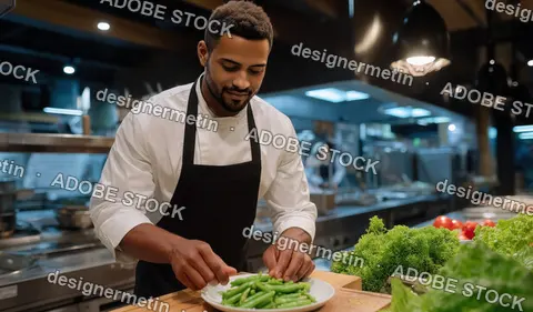 Male Black Chef In White Coat And Dark Apron Preparing Fresh Green Vegetable Salad In Professional Kitchen