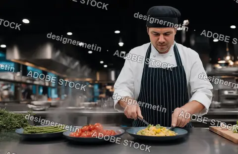 Professional Male Chef In White Uniform And Apron Plating Gourmet Food On Plates In A Modern Kitchen