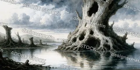 Dark Fantasy Watercolor Illustration Of Hollow Ancient Tree In Misty Swamp Landscape With Dramatic Clouds And Water Reflections