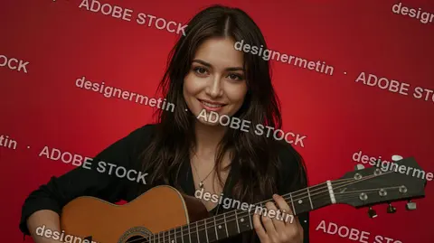 Beautiful Woman With Long Dark Hair Playing Acoustic Guitar Smiling At Camera On A Solid Red Background