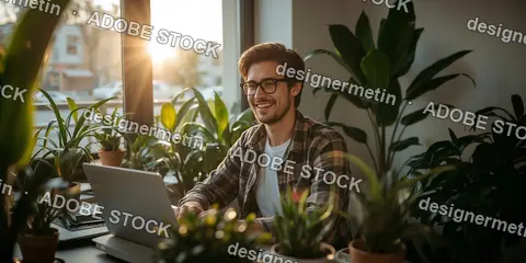 Happy Young Man With Glasses Working On Laptop In Home Office Surrounded By Beautiful Lush Green Plants.