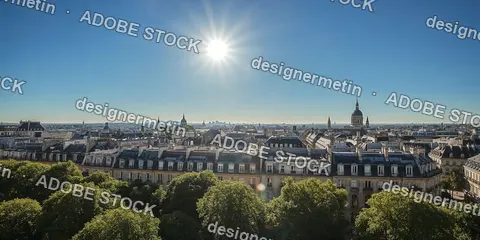 Panoramic High Angle View Of Historic Haussmann Architecture And Green Trees In Paris Under Bright Summer Sun