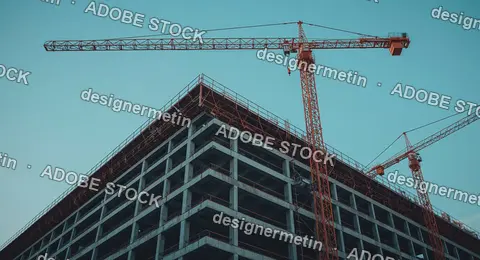 Modern Office Building Under Construction With Tower Cranes And Concrete Structure Against Clear Blue Sky