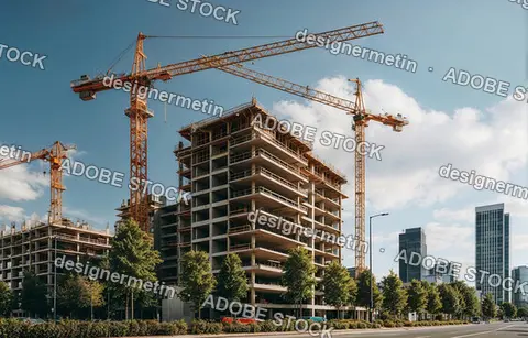 Modern High Rise Building Under Construction With Yellow Cranes Against Blue Sky In City Landscape Urban Environment