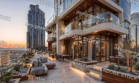 Modern Rooftop Penthouse Terrace With Luxury Outdoor Furniture And Landscaping Overlooking A Beautiful City Skyline At Sunset