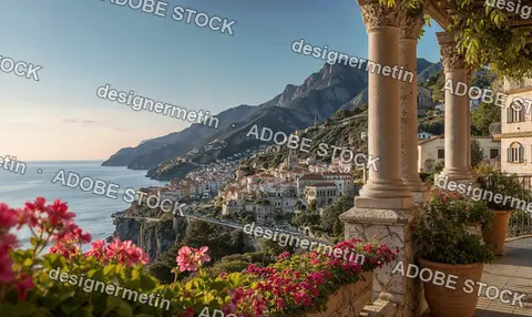 Beautiful Mediterranean Coastal Town On Amalfi Coast With Ancient Stone Pillars And Colorful Flowers In Sunny Italy