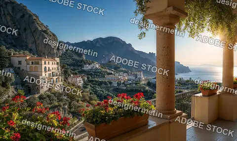 Stunning View Of Italian Coastal Village With Mountains And Sea From Terrace Decorated With Red Flower Pots