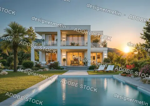 Modern Luxury Two Story White Villa With Swimming Pool In Garden During Sunset With Mountain View Background