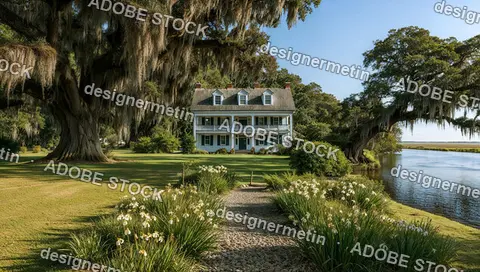Historic Southern Colonial Manor House Surrounded By Massive Oak Trees And Spanish Moss Near A Quiet River