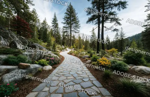 Winding Stone Path Through A Serene Forest Landscape Featuring Tall Evergreen Trees And Colorful Blooming Floral Garden
