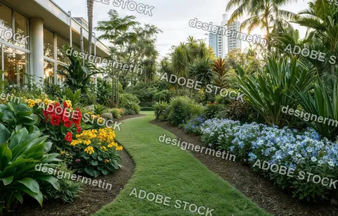 Lush Tropical Garden With A Winding Grass Path Surrounded By Colorful Flowers And Palm Trees Near Buildings.