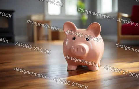 Pink Piggy Bank Sitting On A Wooden Floor In A Cozy Living Room Represents Financial Savings Concept