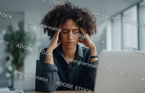 Stressed Businesswoman With Headache Sitting At Desk In Office With Laptop Feeling Overwhelmed By Professional Work Pressure