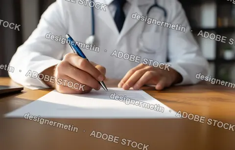 Professional Doctor Filling Out Medical Insurance Form Or Patient Prescription At Wooden Office Desk In The Clinic.