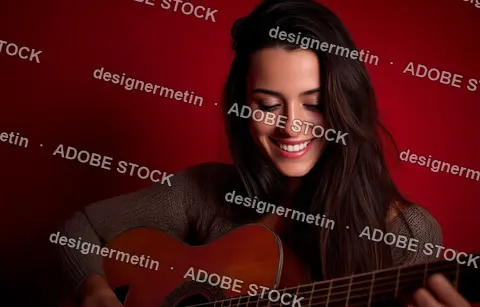 Beautiful Young Woman Playing Acoustic Guitar And Smiling While Sitting Against A Vibrant Red Studio Background Indoors.