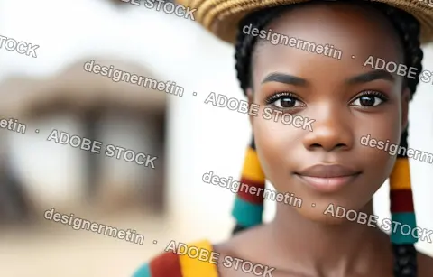 Close Up Portrait Of Beautiful Young African Woman Wearing Traditional Straw Hat And Colorful Cultural Accessories Outdoors