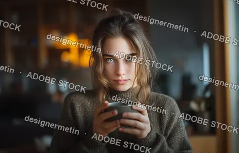 Young Beautiful Woman With Blue Eyes Holding A Mug Of Coffee In A Cozy Indoor Setting Morning
