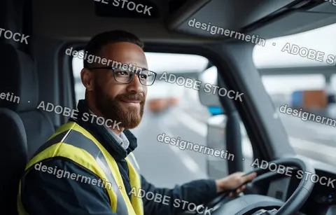 Professional Truck Driver Wearing Yellow Safety Vest And Glasses Smiling While Operating Heavy Vehicle On Open Highway
