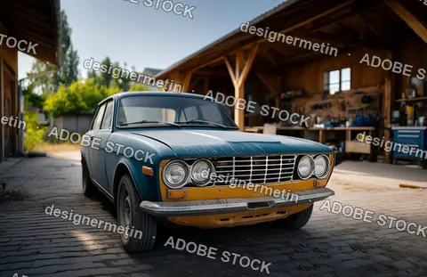 Vintage Blue Classic Car With Yellow Bumper Parked Outside Rustic Wooden Garage Workshop On A Sunny Day