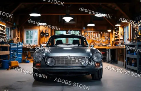 Front View Of Classic Silver Sports Car Parked Inside Organized Wooden Workshop Garage With Tools And Lights