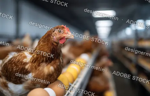 Brown Hen Sitting On Eggs In A Large Scale Commercial Indoor Poultry Farm Facility For Mass Production