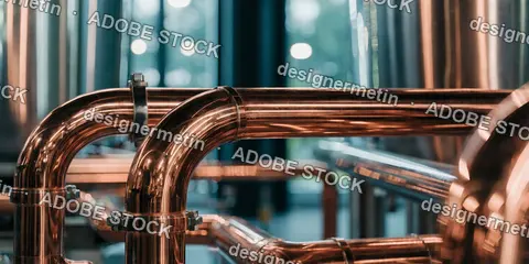 Copper Pipes And Metal Industrial Fittings In A Modern Craft Brewery Facility With Steel Tanks In Background