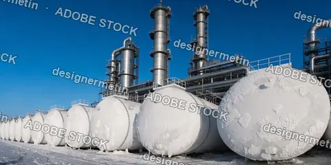 Industrial Gas Storage Tanks Covered In Frost And Ice At A Refinery Plant Under Clear Blue Sky
