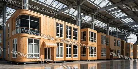 Modern Prefabricated Modular Wooden Homes Being Manufactured Inside A Large Industrial Factory Warehouse With Steel Structure Roof