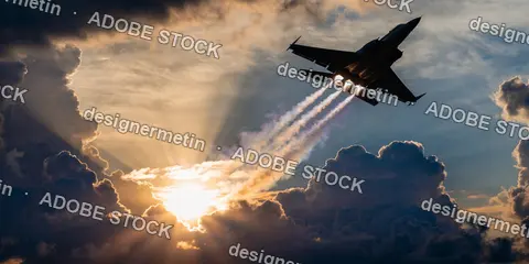 Silhouette Of A Military Fighter Jet Flying Through A Dramatic Cloudy Sky During A Bright Golden Sunset