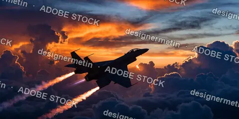 Fighter Jet Soaring Through Dramatic Sunset Clouds With Glowing Exhaust Trails During High Altitude Military Air Mission