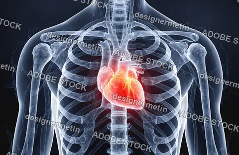 Human Body Anatomy Medical Illustration Showing Heart Organ Inside Chest Rib Cage With Transparent Skeleton Xray View