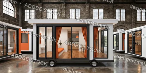Portable Modern Tiny Home On Wheels Displayed Inside Large Industrial Factory Warehouse With Full Interior Kitchen Setup