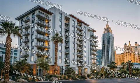 Luxury Residential Apartment Building Exterior With Palm Trees And Skyscraper In Urban City Skyline During Twilight Hour