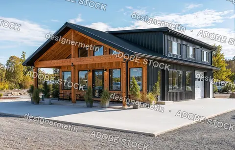 Modern Rustic Barn Style Home With Black Metal Cladding And Timber Frame Structure On Concrete Slab Foundation