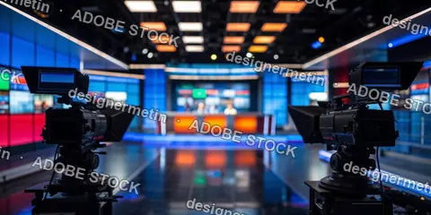 Modern Television News Studio Setup With Professional Video Cameras Recording Live Broadcast Program Within Blurred Background Lights