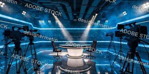 Professional Television News Studio Interior With High End Video Cameras Spotlights Round Table And Blue Lighting Setup