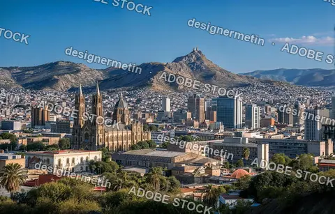 Cityscape View Of Downtown Juarez With Mountains And Historical Church In Beautiful Sunlight