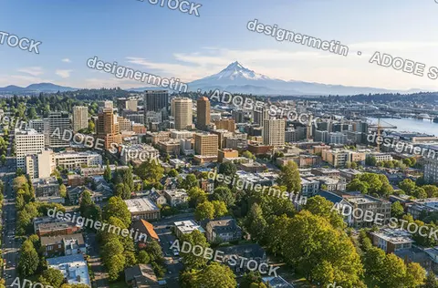 Aerial View Of Vibrant Downtown Cityscape With Lush Greenery And Majestic Mountain In Background