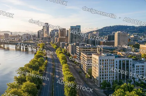 Urban Skyline View Of Downtown Cityscape With River, Bridges And Greenery Along The Waterfront
