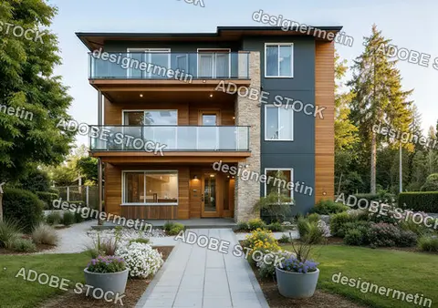 Modern Three Story House Exterior View With Balcony And Landscaped Garden In Contemporary Design