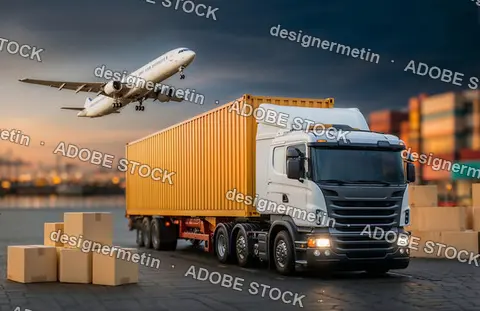 Cargo Truck With Yellow Container Parked Near Shipping Boxes And Airplane Flying In The Sky