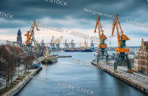 Industrial Port With Large Cranes And Boats On River Under Dramatic Cloudy Sky