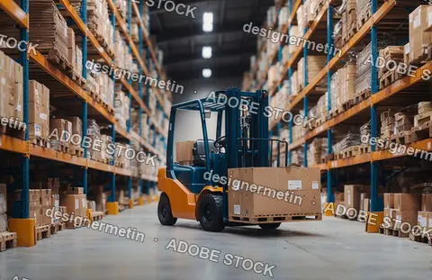 Forklift Carrying Cardboard Boxes In A Large Warehouse With Organized Shelving Units And Stacks