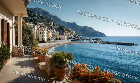 Stunning Coastal View From Terrace Overlooking The Blue Sea With Cliffs And Charming Houses