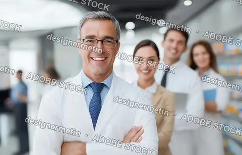 Confident Male Doctor In White Lab Coat With Team In Background Pharmacy Setting Smiling