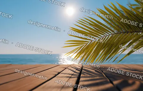 Tropical Palm Leaf On Wooden Deck Overlooking Serene Ocean And Clear Blue Sky With Sunlight