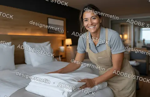 Cleaning Lady Making Bed With Fresh Linens In Modern Hotel Room Interior Very Neatly