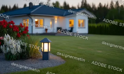 Serene White House With Blue Roof And Lush Garden At Dusk With Illuminated Lamp Post