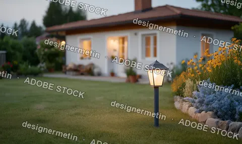 Softly Lit Modern House With Lawn Lamp And Flowers In Dusk Serene Landscape Scene Outdoors